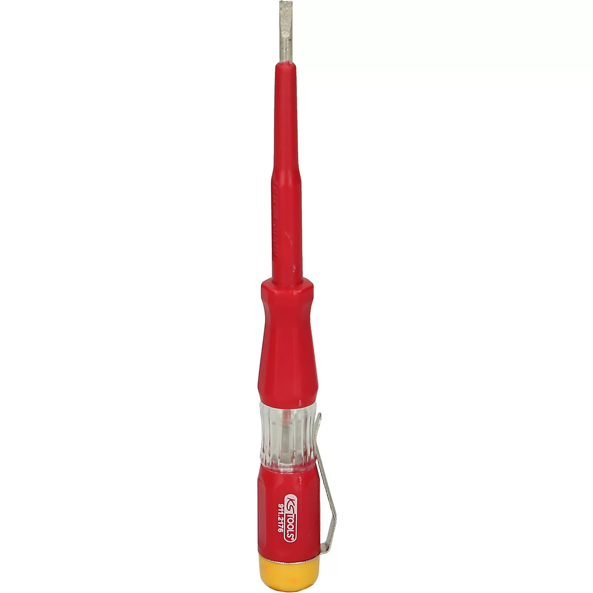 Ein roter Schraubenzieher mit gelbem Fuß und silberner Spitze, auf weißem Hintergrund.